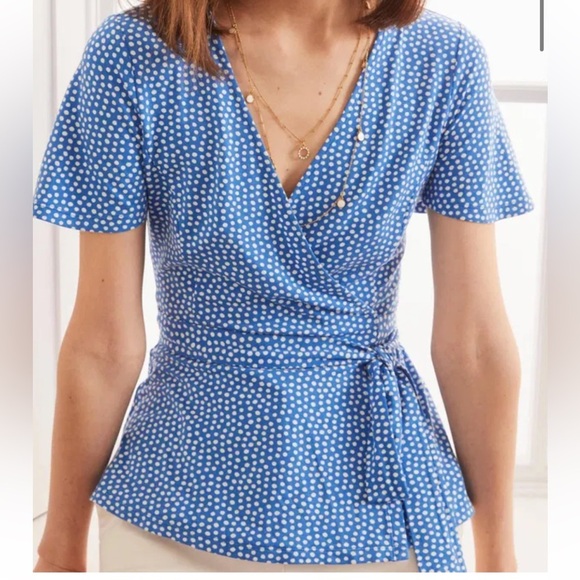 Boden Tops - BODEN Women’s 6R Cassia Polka Dot True Wrap Tie Short Sleeve Top Blue